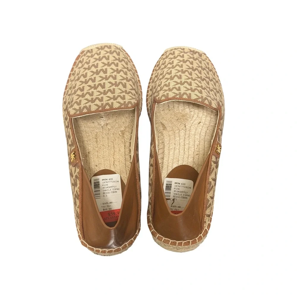 Michael Kors Shaila Espadrille Women 9.5 Brown Beige Monogram Logo Square Toe